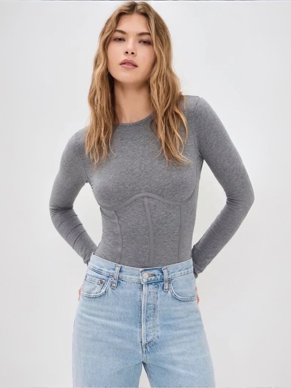 Fleur du Mal Long Sleeve Cotton T-Shirt Thong Bodysuit | Heather Grey | Large